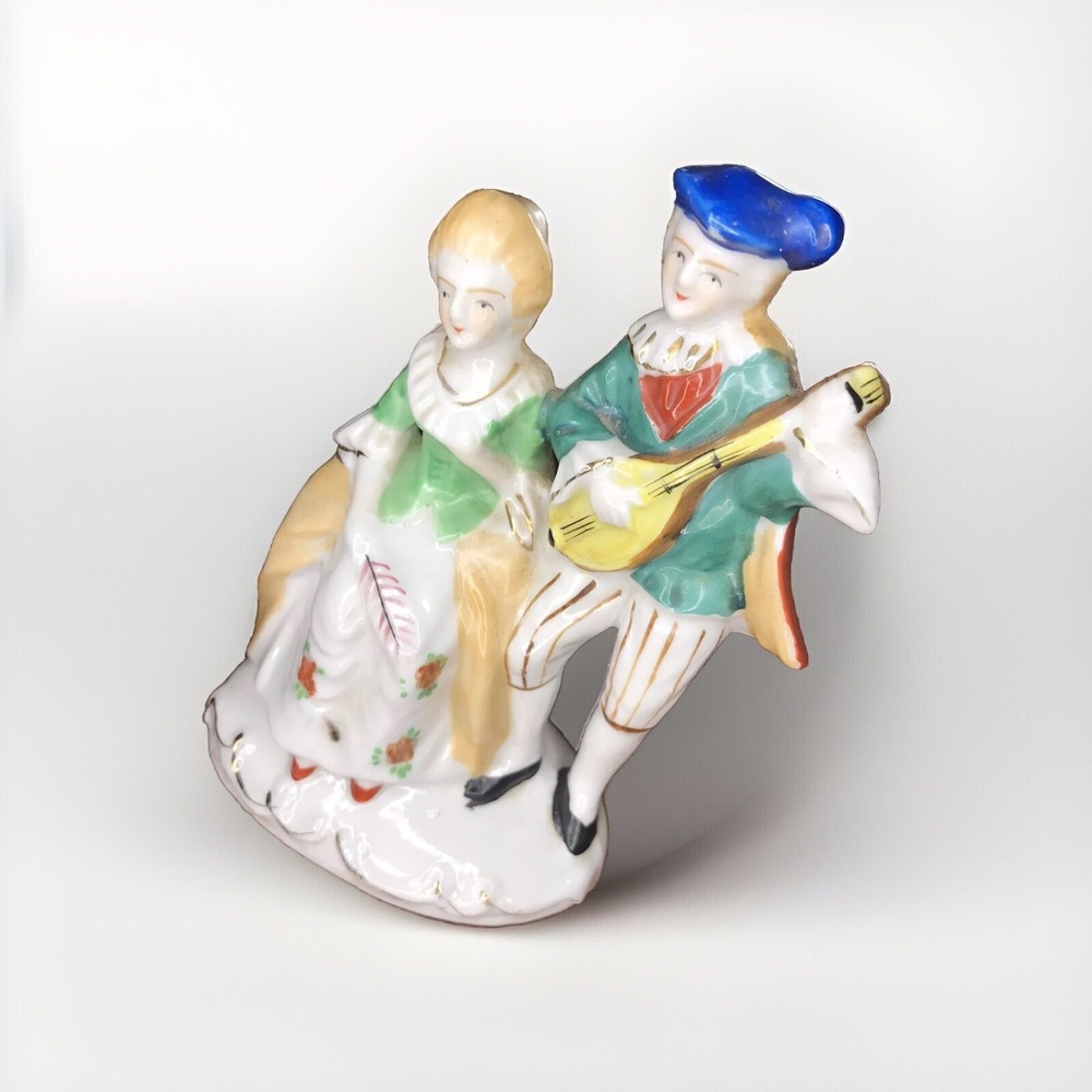 Occupied Japan Porcelain Figurine Man Playing Lute, Woman On Bench, Hand Painted